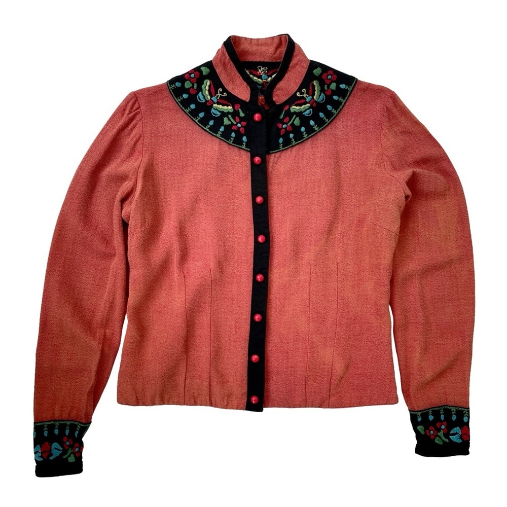 Vintage Handmade Embroidered Blouse Folk Art Butterfly Floral Shirt, Rust, S/M
